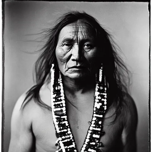 Prompt: 85mm award wining photo of blackfoot Native by David Bailey Edward Sherriff Curtis , perfect lighting, IMAX, gelatine silver process,