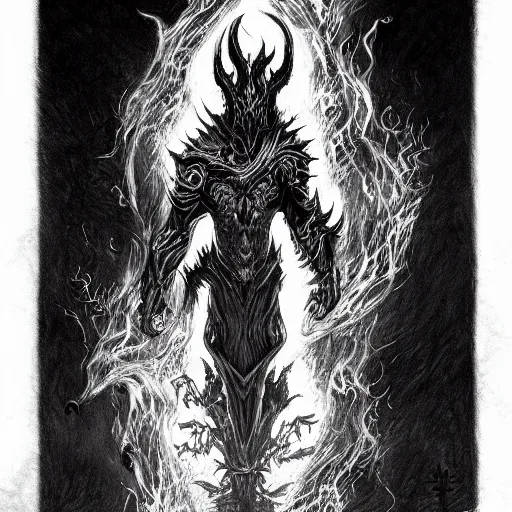 Image similar to full body grayscale drawing by Anato Finnstark of diablo lord of terror in 3/4 view, swirling flames