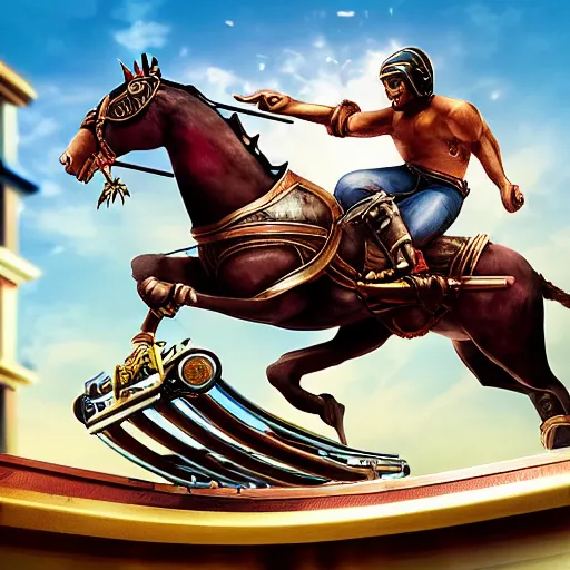 Image similar to roman horsedrawn chariot racer jumping high on half pipe, fish eye, tony hawk, video game