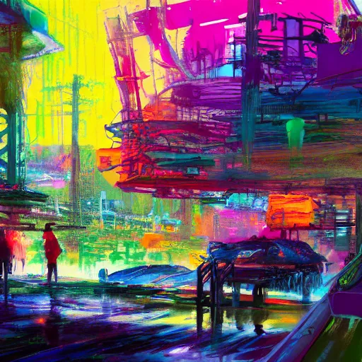 Image similar to acrylic painting, impressionism and expressionism, strong emotional impact, bold pastel colors, expressive brushstrokes, overall sense of movement in the composition. tie - dye hippie bohemian encampment with a garden. cyberpunk art by liam wong, cgsociety, panfuturism, cityscape, utopian art, anime aesthetic