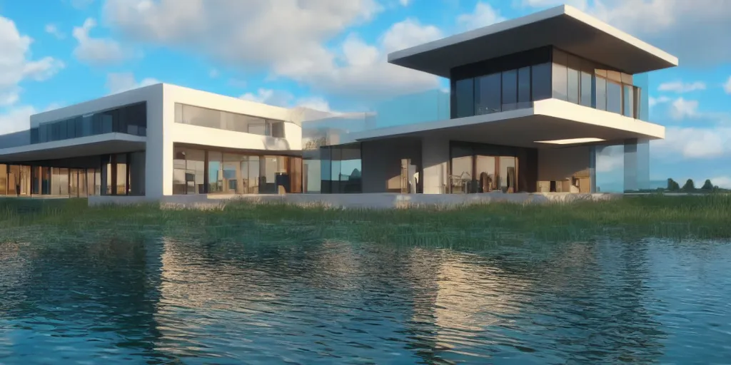 Image similar to modern house on a lake, reflections, sun, ultra realistic, epic lighting, unreal engine 5