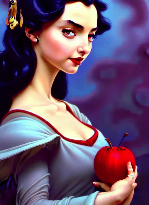 Image similar to disney snow white ( ( ana de armas ) ), dreamscape, girl, masterpiece, intricate, elegant, highly detailed, my rendition, digital painting, artstation, concept art, smooth, sharp focus, illustration, art by artgerm and greg rutkowski and alphonse mucha and uang guangjian and gil elvgren and sachin teng, symmetry!!