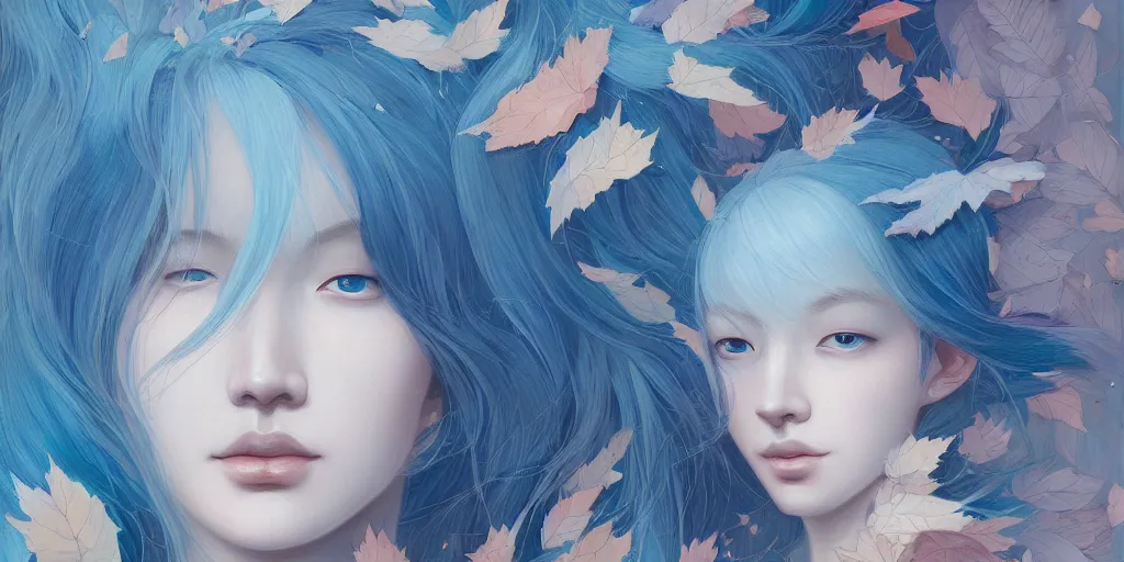 Image similar to breathtaking detailed concept art painting pattern with gradient pastel colors of blue hair faces goddesses amalgamation autumn leaves, by hsiao - ron cheng and james jean, bizarre compositions, exquisite detail, 8 k