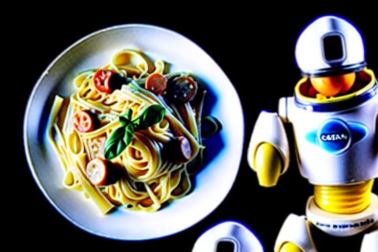 Image similar to carbonara noodles, space, food, robot eating pasta