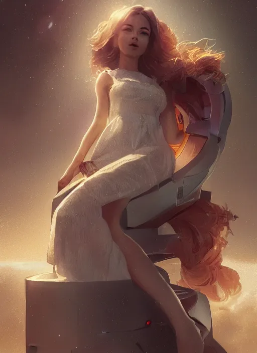 Prompt: woman sitting on a spaceship window, beautiful detailed dress, close face portrait, beautiful model girl, smiling, by artgerm, by wlop, by greg rutkowski, octane render, digital art