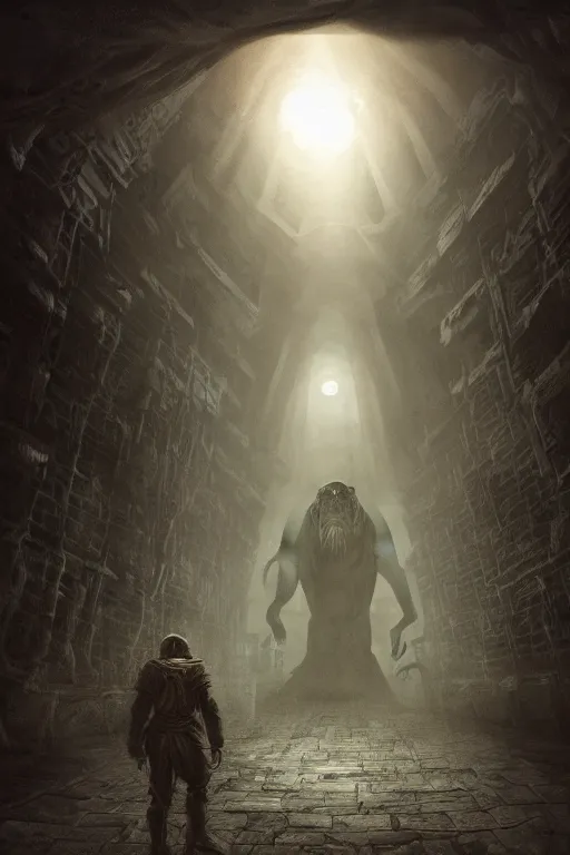 Image similar to matte painting of a human explorer mutated horror beast wandering the dark corridors of a wet underground dungeon in lovecraft style