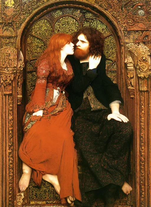 Prompt: masterpiece of intricately detailed preraphaelite photography couple portrait sat down, love, inside a beautiful underwater train to atlantis, train aisles, man with long hair big beard glasses, woman with large lips big eyes straight fringe, colourful unusual clothes yellow ochre, by ford madox brown william powell frith frederic leighton john william waterhouse hildebrandt william morris