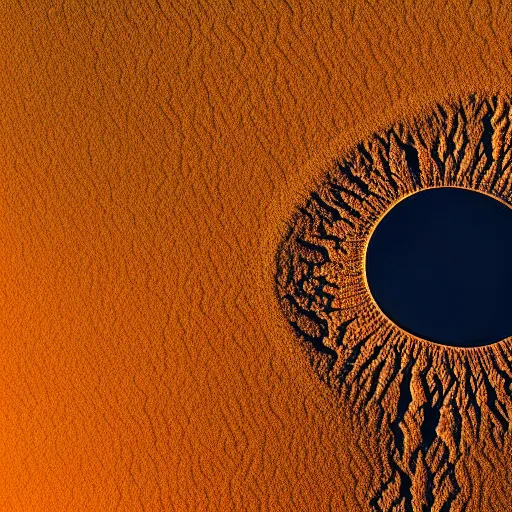 Prompt: wide landscape photo of a desert that mimics the shape and macro!!! detail!!!! of an iris!!!!!! and pupil!!, high detail, drone photo, golden hour, medium format