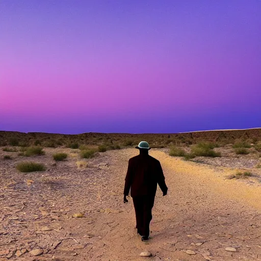 Image similar to a man with a fish head walking in the desert under a purple sky