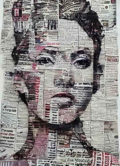 Prompt: a beautiful young woman made of newspaper