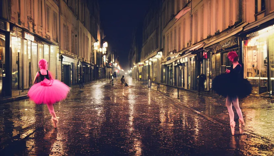 Prompt: street of paris photography, night, rain, mist, prima ballerina with pink hair, cinestill 8 0 0 t, in the style of william eggleston