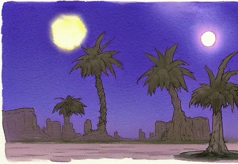 Image similar to a simple watercolor fantasy concept art of a dark grey boxy ufo next to a palm tree at night in monument valley. by studio ghibli, rebecca guay, michael kaluta, charles vess