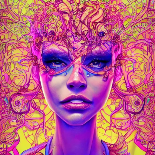 Image similar to the face of a ridiculously beautiful and pretty woman partially made of onion rings of all colors looking up, an ultrafine detailed illustration by james jean, final fantasy, intricate linework, bright colors, behance contest winner, vanitas, angular, altermodern, unreal engine 5 highly rendered, global illumination, radiant light, detailed and intricate environment