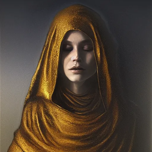 Image similar to a portrait of a young woman wearing a long dark cloak, hood and shadows covering face, holding golden chains, oil painting, matte painting, black background, Volumetric Golden dappled dynamic lighting, Highly Detailed, Cinematic Lighting, Unreal Engine, 8k, HD, by Beksinski