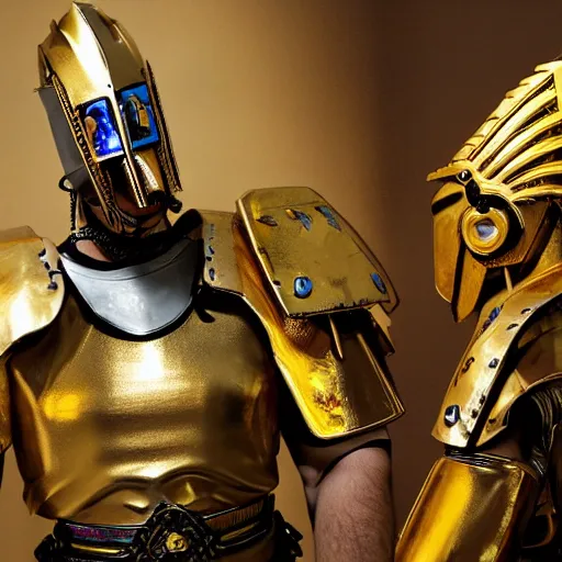 Prompt: retrofuture cyberpunk spartan tall holding spear golden face mask gold armor ryan church, jon mccoy, george hull