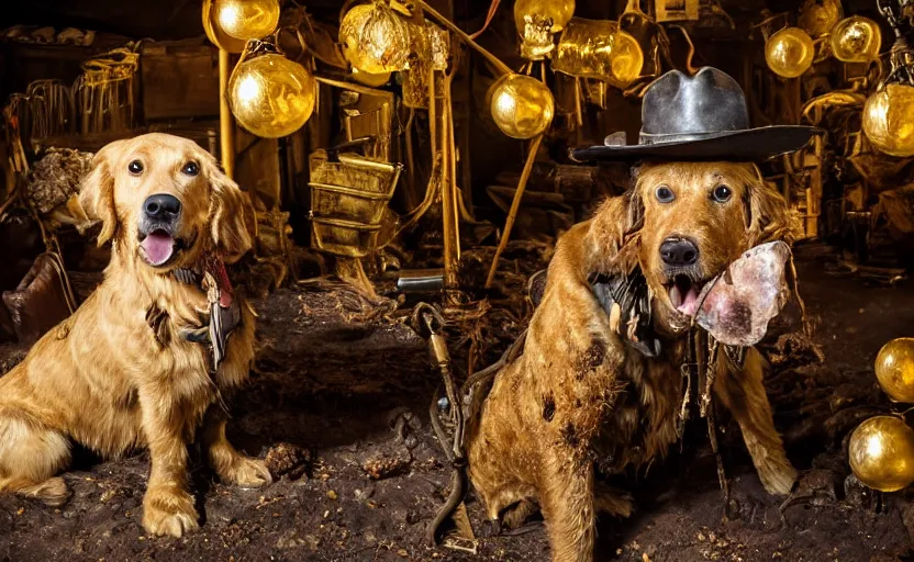 Prompt: a dirty golden retriever in a dark mine wearing a wild west hat and jacket with large piles of gold and gold nuggets nearby, dim moody lighting, wooden supports, lanterns, stylized photo