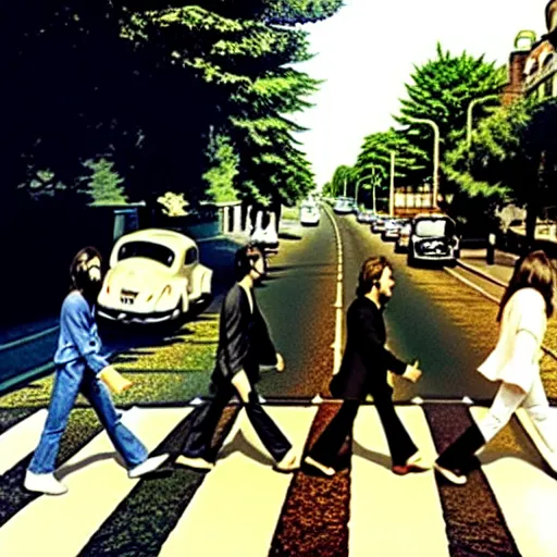 Image similar to The Beatles running across Abbey Road, 1969