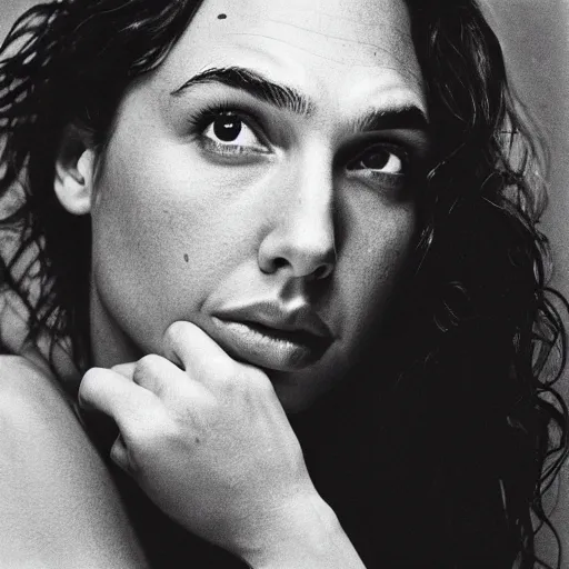 Image similar to photo of Gal Gadot by Diane Arbus, extreme closeup, black and white, high contrast, Rolleiflex, 100mm f/4 lens