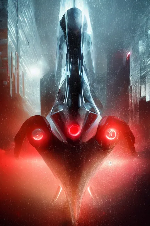 Image similar to professional photograph of a beautiful neo - futuristic simplified symmetrical mechangel mech and monolith by ilm, denis villeneuve, emmanuel shiu, zaha hadid, vapor, cinematic architectural scale, red paint detail, manga, dramatic, volumetric, concept art, hard surface, hyperrealism, high detail, trending on artstation, sharp focus, rendered in octane