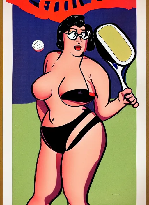 Image similar to a pin - up poster of peter griffin in the style of hajime sorayama, seductively playing tennis in a swimsuit