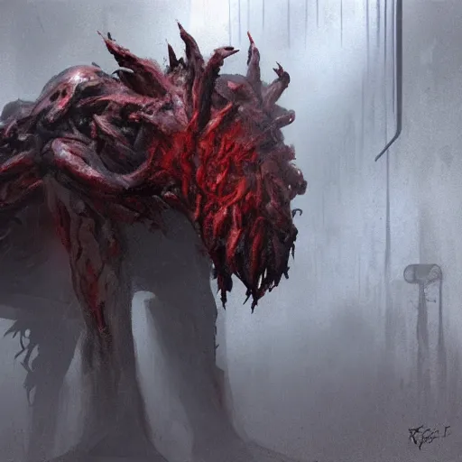 Image similar to concept art by greg rutkowski, dog - shaped monster made of twisted meat and reddish ooze, roaming the colony, looking rabid, in a claustrophobic, futuristic and brutalist environment, frightening and creepy atmosphere, scifi, highly detailed portrait, digital painting, artstation, concept art, smooth, sharp foccus ilustration, artstation hq