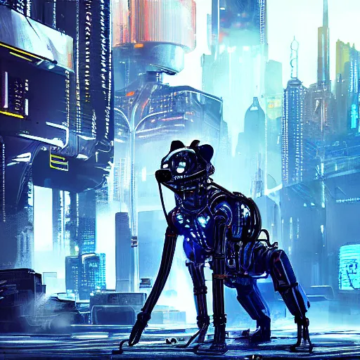 Prompt: hyena robot, exposed wires, shiny black metal, glowing eyes and many buttons and switches, cyberpunk 2 0 7 7 concept art, highly detailed