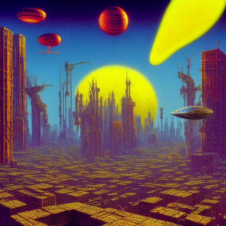 Image similar to mystical shimmering egg floats over post - apocalyptic city, synthwave, bright neon colors, highly detailed, cinematic, tim white, roger dean, michael whelan, caza, bob eggleton, philippe druillet, vladimir kush, kubrick, alfred kelsner, vallejo