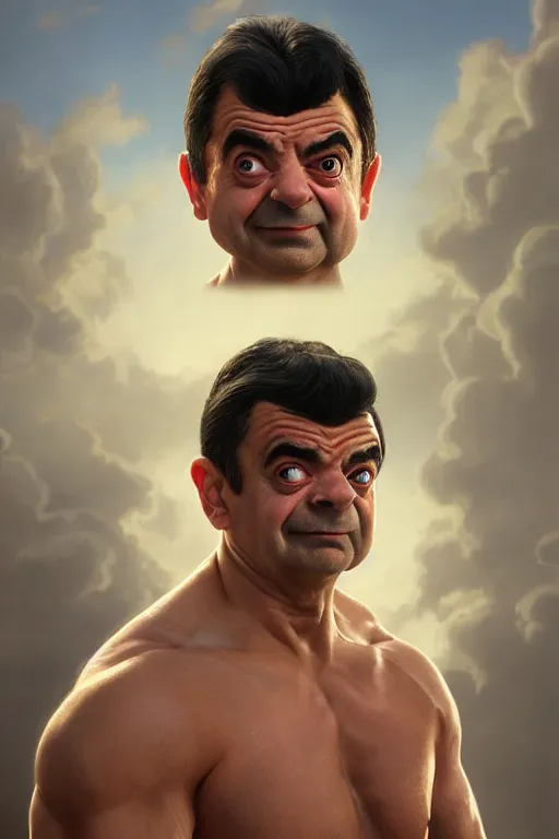 Image similar to upper body portrait of a hulking herculean chiseled mr bean rowan atkinson, cinematic lighting, photorealistic, octane render, 8 k, depth of field, 3 d, art by artgerm and greg rutkowski and alphonse mucha and uang guangjian and gil elvgren and sachin ten