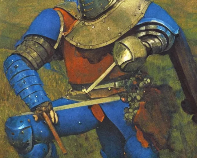 Image similar to knight in blue armour by n. c. wyeth, high detail,