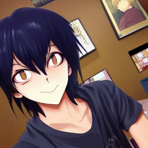 Image similar to aloof anime man with black emo hair wearing baggy shorts, standing in dean's office, smug grin, smug expression, punchable expression, punchable face, he's a jerk, sharp details, subsurface scattering, intricate details, art by artgerm, anime, anime hd wallpaper, 2 0 1 9 anime screenshot