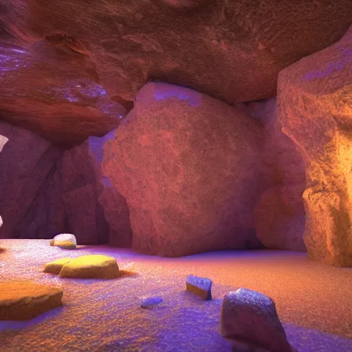 Image similar to cave with big crystals, 8k, colorful, super detailed, super realistic, sharp, volumetric light, ray traced