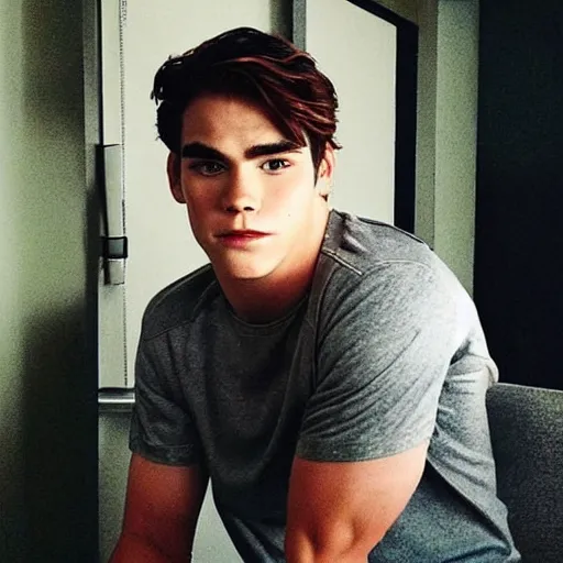 Image similar to “a realistic photo of a guy who is an attractive baseball player man who is part cyborg and part humanoid, who is a robot, KJ Apa”