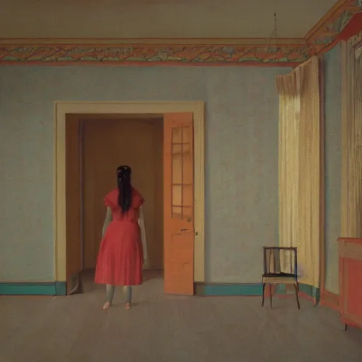 Image similar to a lonely girl in an haunted liminal abandoned room, film still by wes anderson, depicted by balthus, limited color palette, very intricate, art nouveau, highly detailed, lights by hopper, soft pastel colors
