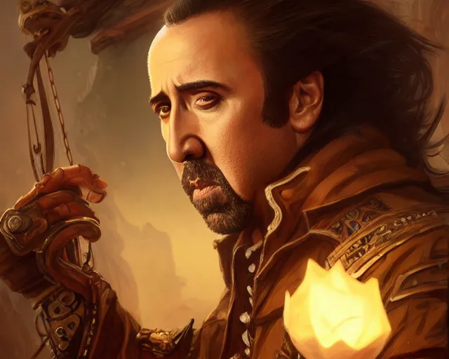 Image similar to nicolas cage as a pirate, deep focus, d & d, fantasy, intricate, elegant, highly detailed, digital painting, artstation, concept art, matte, sharp focus, illustration, hearthstone, art by artgerm and greg rutkowski and alphonse mucha