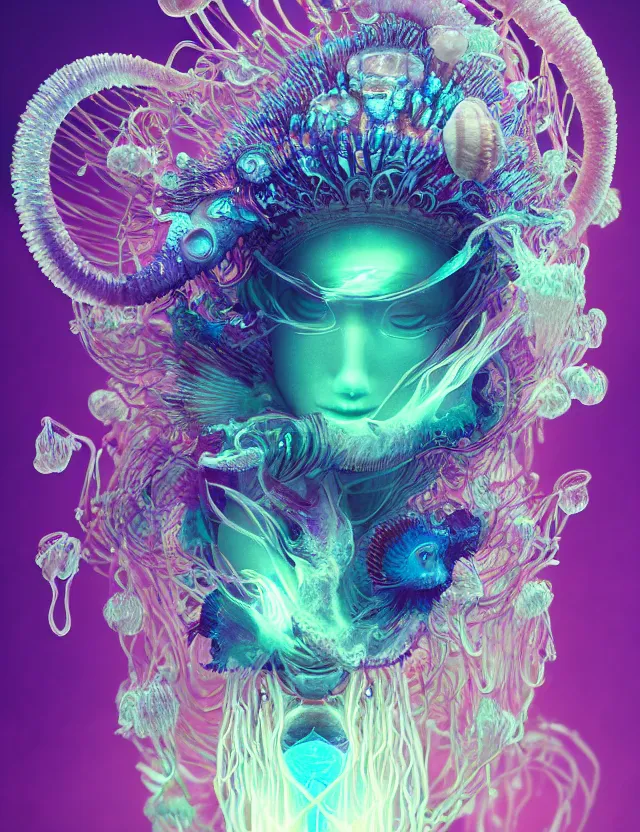 Image similar to goddess macro close - up portrait wigh crown made of ram skull. betta fish, jellyfish phoenix, bioluminiscent, plasma, ice, water, wind, creature, super intricate ornaments artwork by tooth wu and wlop and beeple and greg rutkowski