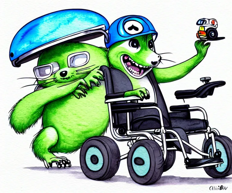 Prompt: cute and funny, racoon waving wearing a helmet riding in a tiny motorized wheelchair, ratfink style by ed roth, centered award winning watercolor pen illustration, isometric illustration by chihiro iwasaki, edited by range murata