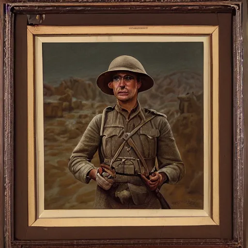 Image similar to a detailed photorealistic sepia - toned color portrait painting of a 1 9 1 7 worried clean - shaven british lieutenant in field gear wearing a pith helmet in wadi rum examining an ancient cylindrical clay jar, ultra realistic, intricate details, atmospheric, dark, horror, brooding, highly detailed, by clyde caldwell