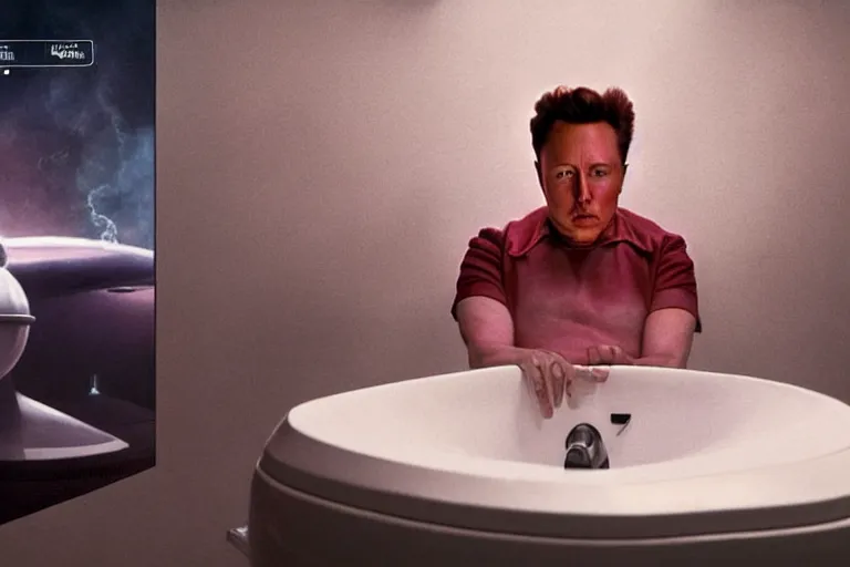 Image similar to hyperrealism aesthetic ridley scott and denis villeneuve style photography of a detailed giant elon musk, siting on a detailed ultra huge toilet and scrolling his smartphone in hyperrealism scene from detailed art house movie in style of alejandro jodorowsky and wes anderson