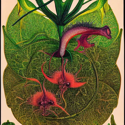 Image similar to technicolor venus flytrap, by Ernst Haeckel, by M.C. Escher, beautiful, eerie, surreal, colorful