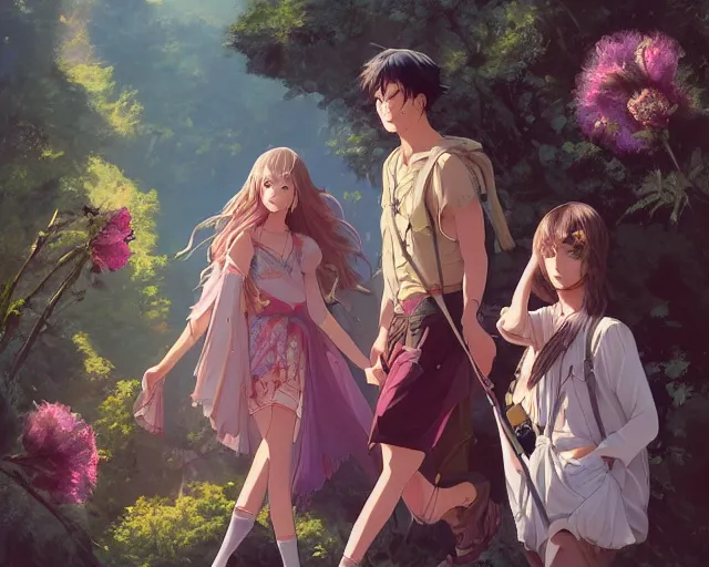 Image similar to a cinematic boy girl traditional romance moment of a group of university friends hiking wearing boho clothing and peonies, full body illustration,bestselling movie art poster, official media, 1970s fashion, official anime media, incredible art by artgerm and greg rutkowski and doja cat