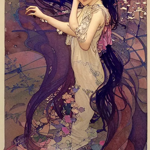 Prompt: a beautiful intricate watercolor illustration of a sleeping cute girl, 4 k, ultra - wide angle, by william turner, by victo ngai, by alphonse mucha, by miho hirano, by ellen jewett, hd, trending on artstation, hyper detailed, muted colors