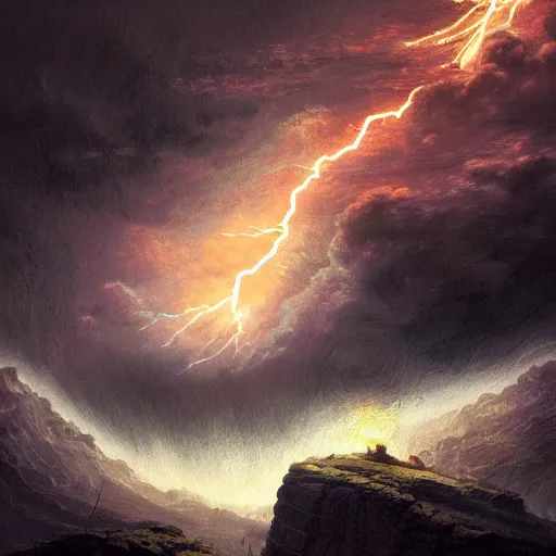 Image similar to UHD Closeup of constipated Samurai in a cosmic lightning storm on top of a mountain, painted in the style of Greg Rutkowski, Ferdinand Knab, and Todd McFarlane