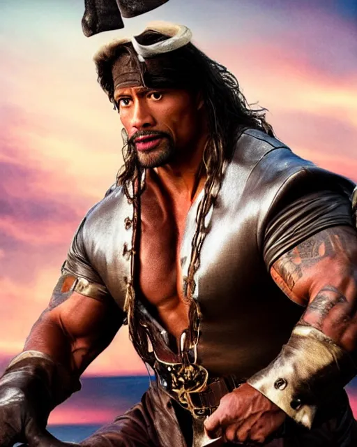 Prompt: Film still close-up shot of Dwayne Johnson as the Captain Hook from the movie Hook. Photographic, photography