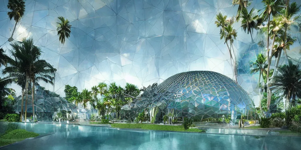 Image similar to futuristic translucent iridescent mosque exterior, hive power architecture, lush lawn, palm trees, by Buckminster Fuller and photo by denis villeneuve , inspired by Mining by Risa lin on art station