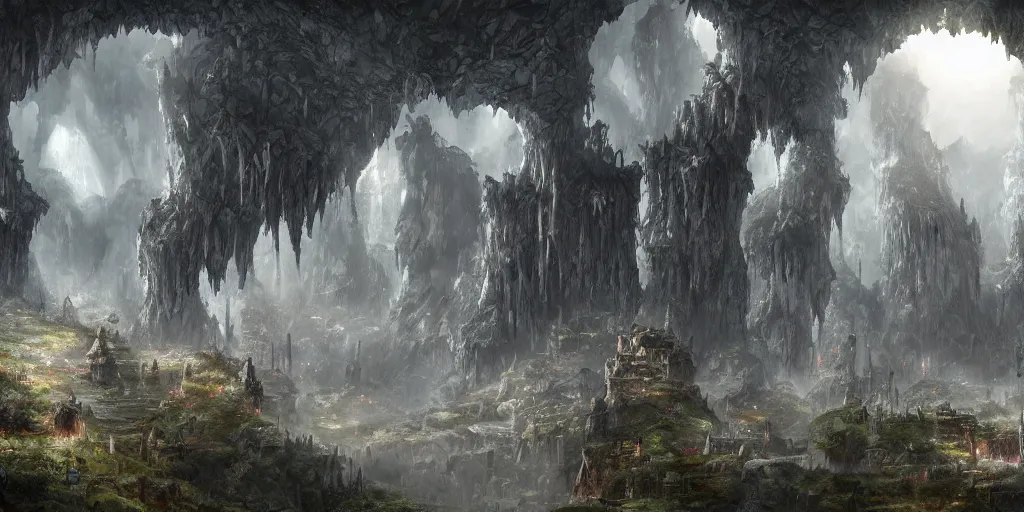 Prompt: a fantasy elven city inside a dark and rainy cave, viewed from a distance, buildings carved out of stone, archways between stalagtites, dripping stalagtites, detailed buildings, 4 k digital art, trending on artstation, high quality,