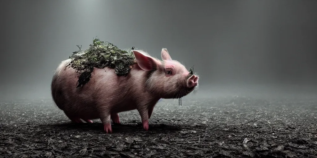 Prompt: a decomposing rabbit dancing with a pig, skulls litter the ground, 1 6 k, photorealistic, cinematic composition, movie concept art, cinematic composition 8 k, intricate detail, high detail, hd, octane render, unreal engine, v - ray, cinematic lighting, octane, volumetric lighting, dark moody lighting, atmosphere, mist, fog, matte painting, extreme long shot