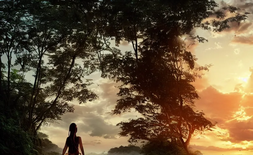 Prompt: a woman from thailand walking through shallow water, hair tied and braided loosely, jungle gown, sunset, dramatic angle, hopeless, dynamic pose, 8k hdr pixiv dslr photo by Makoto Shinkai ilya kuvshinov and Wojtek Fus