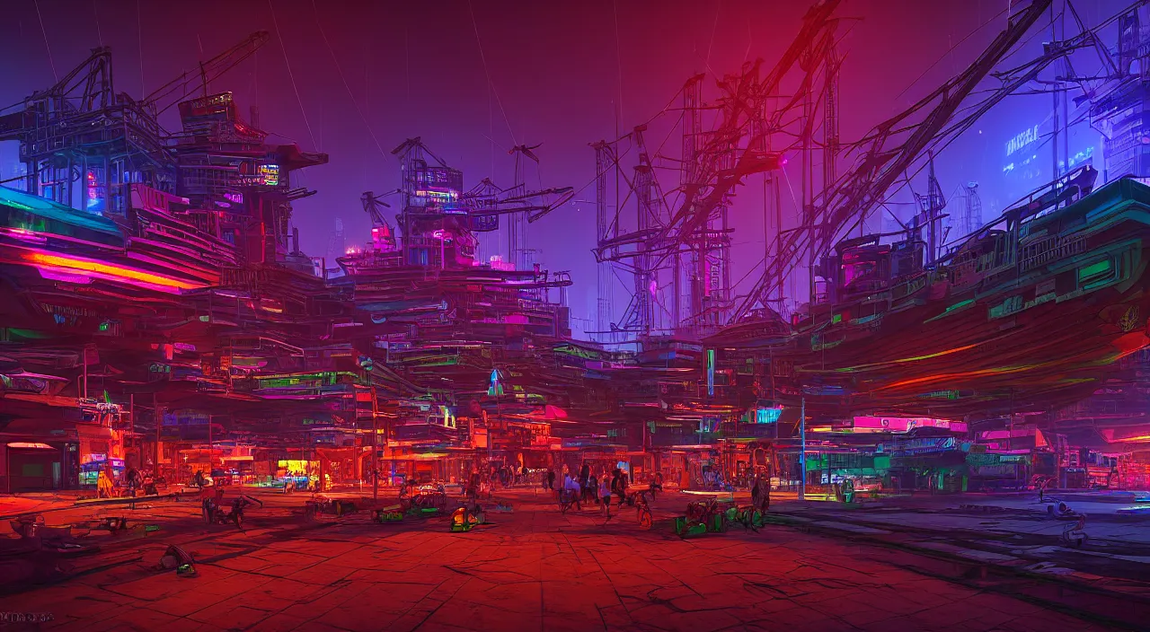 Image similar to Cyberpunk Shipping Port, futuristic Phnom-Penh Cambodia, neon lighting