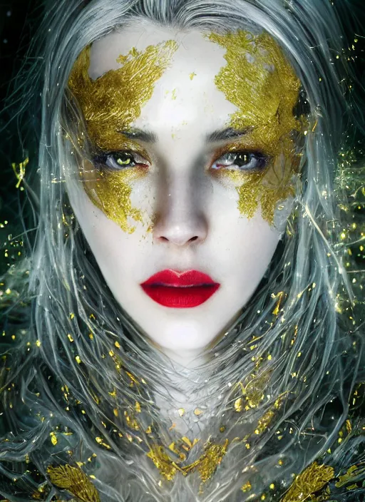 Prompt: glowing silver and golden elements, full close-up portrait, dark witch from shutterstock, book cover, green forest, white moon, red lips, establishing shot, extremly high detail, photo-realistic, cinematic lighting, pen and ink, intricate line drawings, by Yoshitaka Amano, Ruan Jia, Kentaro Miura, Artgerm, post processed, concept art, artstation, matte painting, style by eddie, raphael lacoste, alex ross