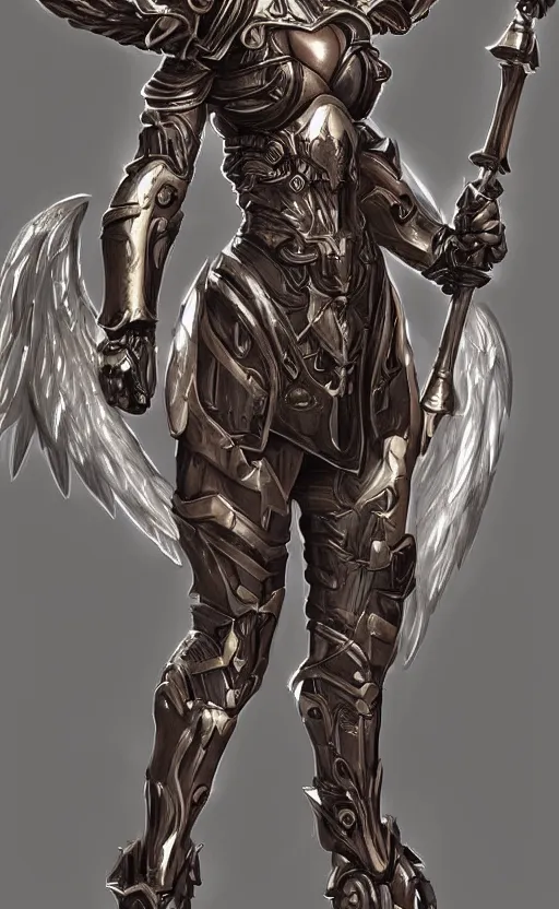 Prompt: Fantasy Concept character art of a angel female in biomechanical knight armor. By artstation trending. Highly detailed